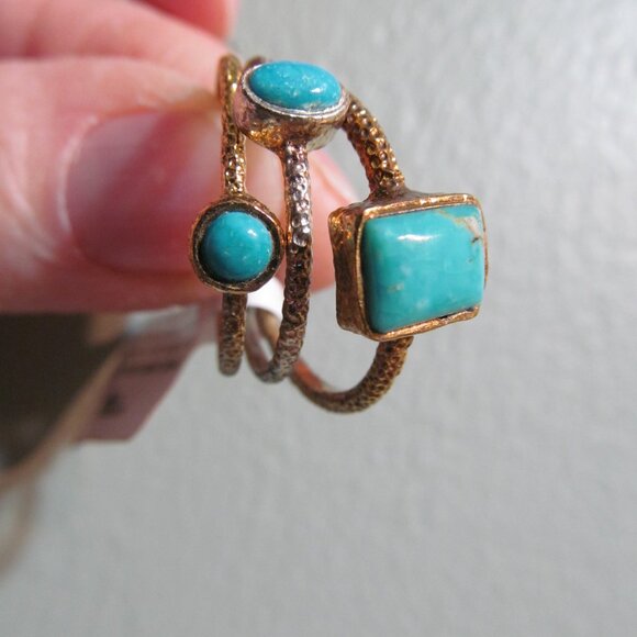Tehya Oyama Sleeping Beauty & Kingman Turquoise 18K Gold & S over Brass 3 Rings - Picture 14 of 15
